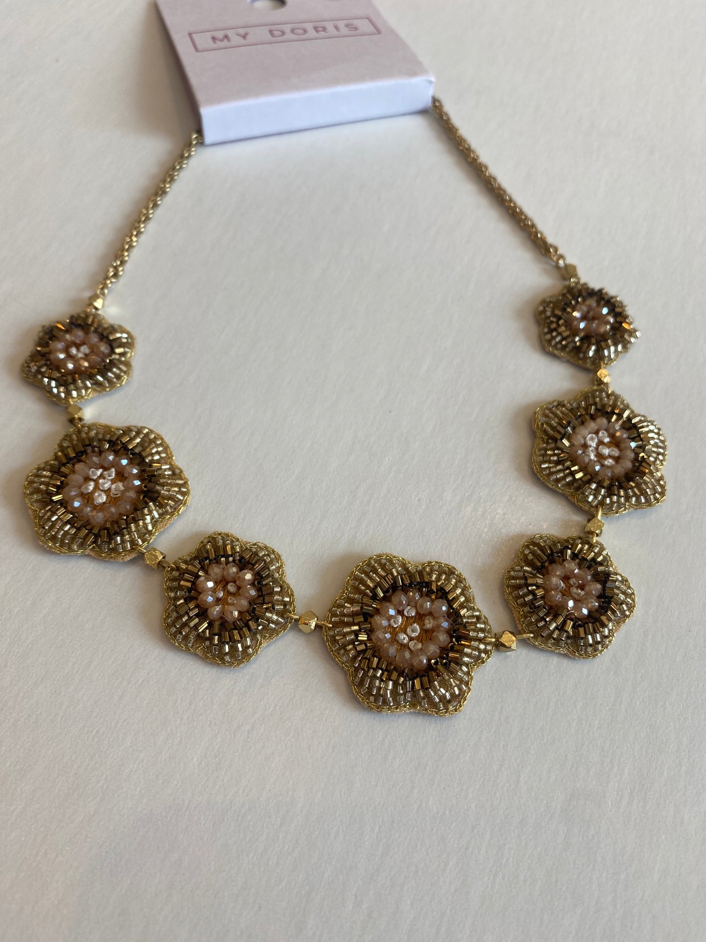 Golden Color Beaded Embroidered Flower Necklace