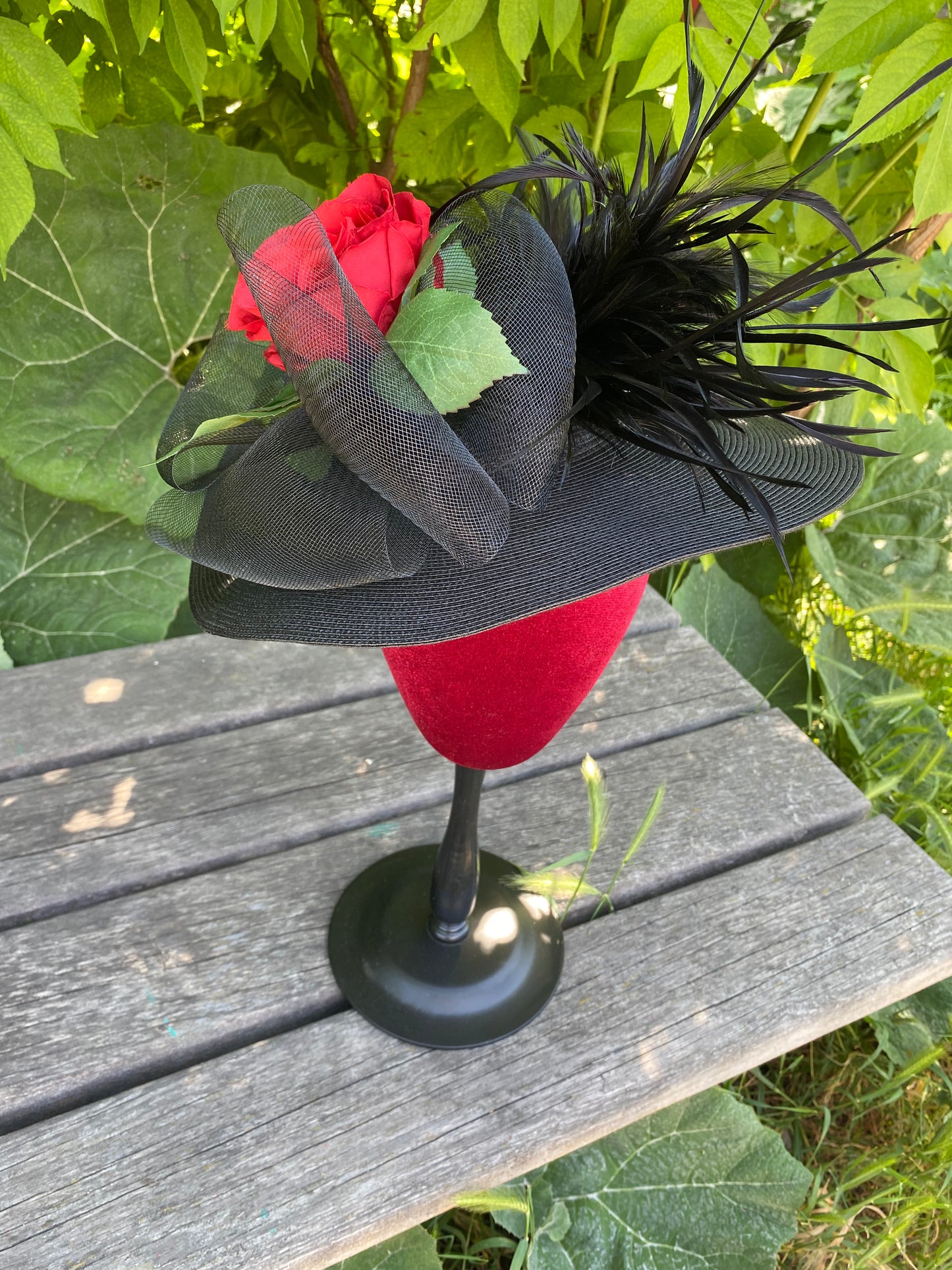 Saucer Hat with Silk Rose and feathers