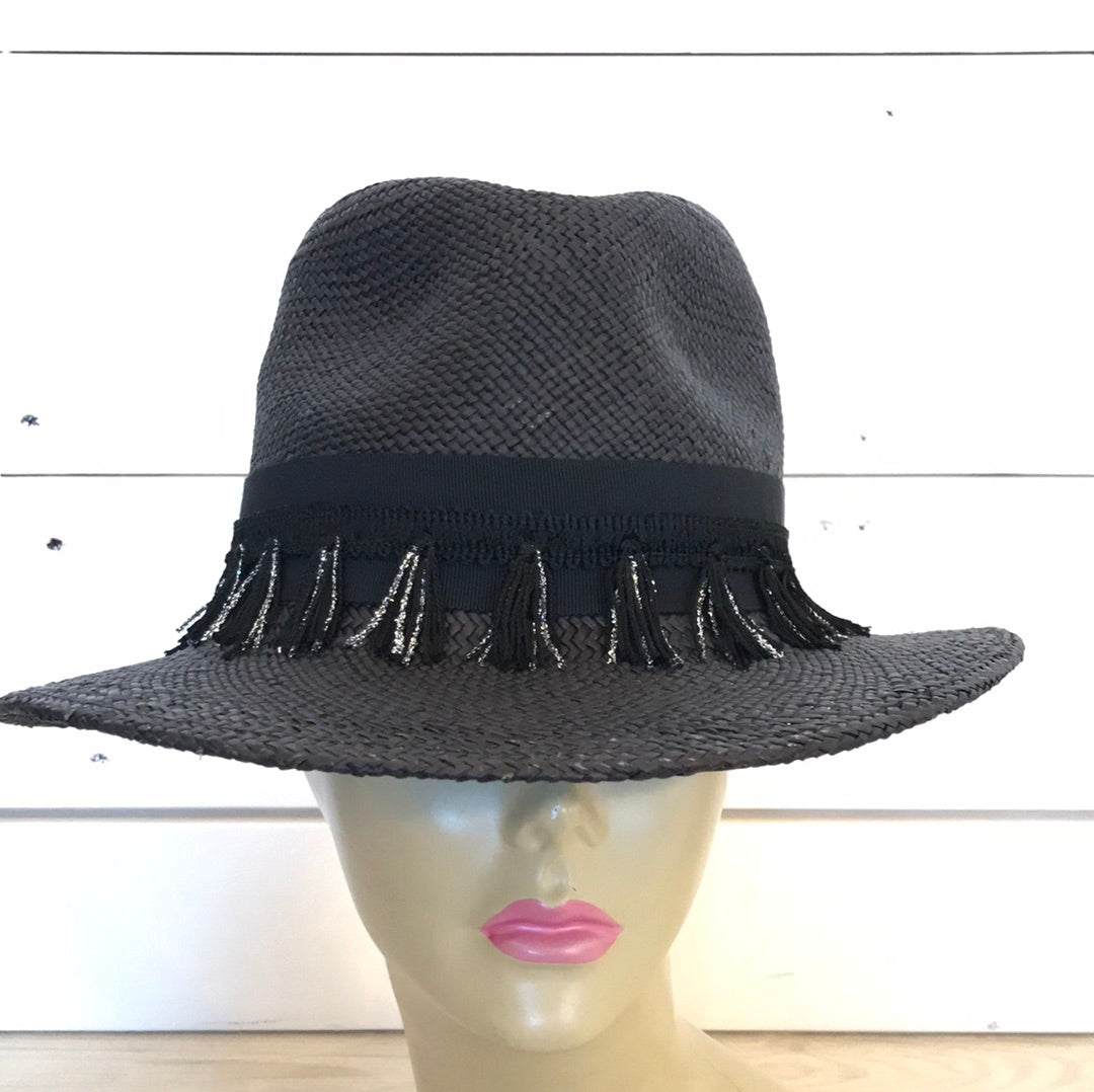 Black Panama Fedora with Silver Fringe