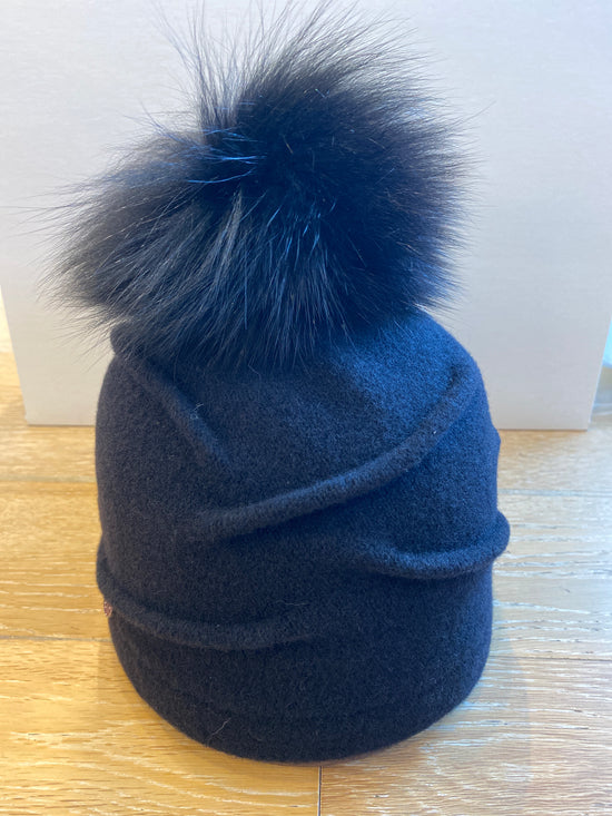 Clareta Ormond Pleated Beanie with Upcycled Fur  Pom