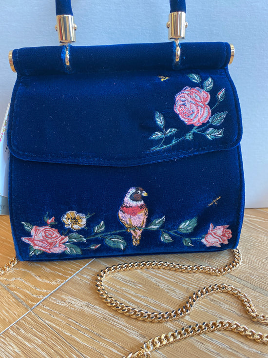 Rosy Posy Embroidered Blue Bird Velvet Purse