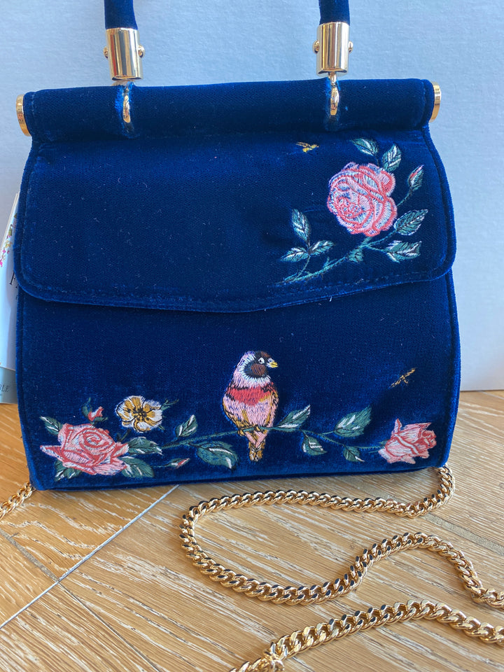 Rosy Posy Embroidered Blue Bird Velvet Purse