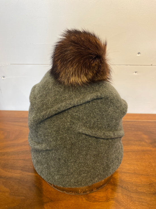Clareta Ormond Pleated Beanie with Upcycled Fur Pom