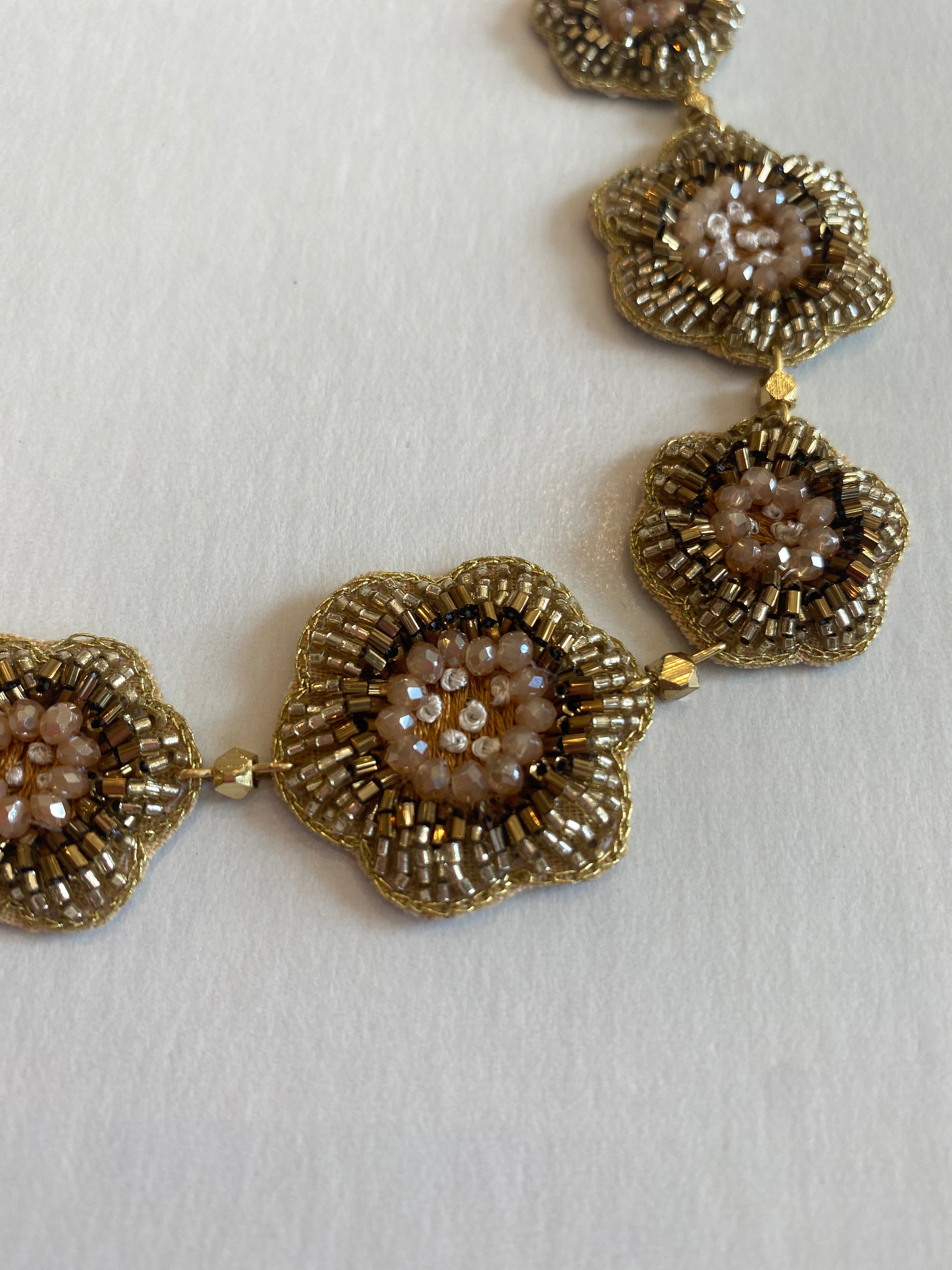 Golden Color Beaded Embroidered Flower Necklace