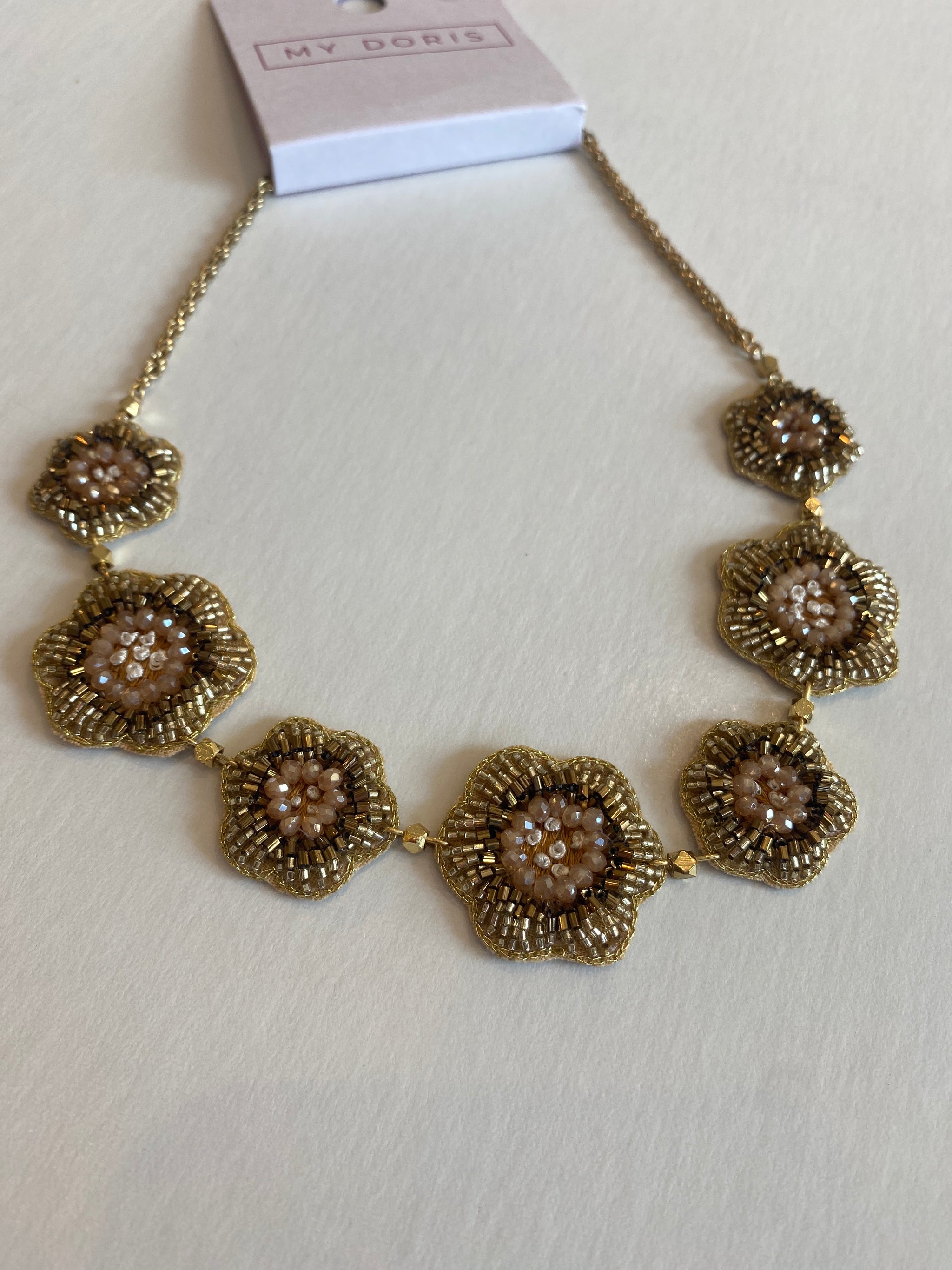 Golden Color Beaded Embroidered Flower Necklace