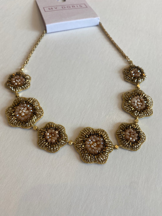 Golden Color Beaded Embroidered Flower Necklace
