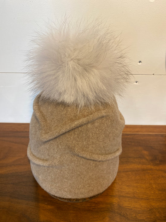 Clareta Ormond Pleated Beanie with Upcycled Fur Pom