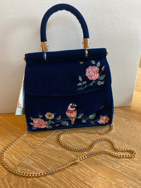 Rosy Posy Embroidered Blue Bird Velvet Purse