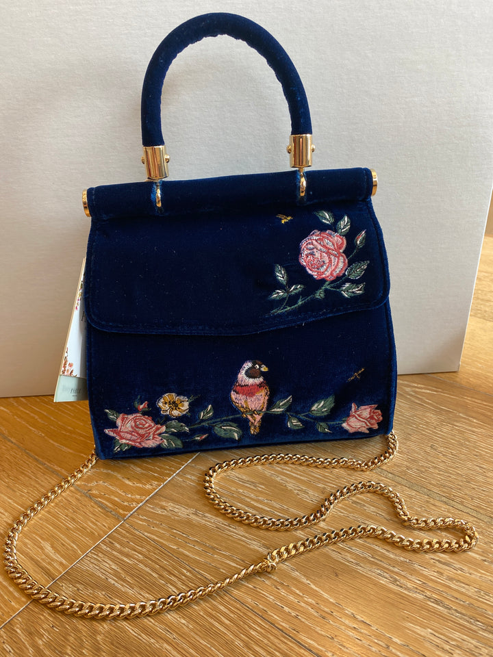 Rosy Posy Embroidered Blue Bird Velvet Purse