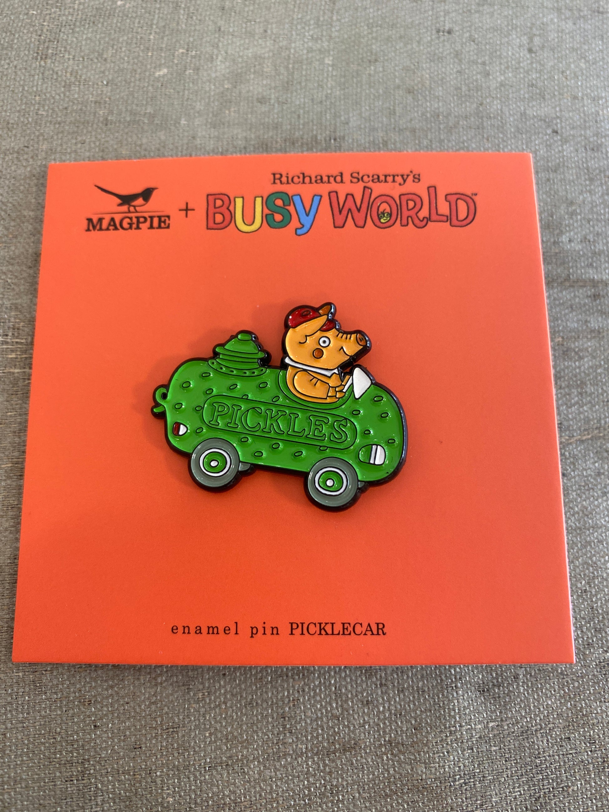 Magpie Richard Scarry Pickle Car Enamel Pin