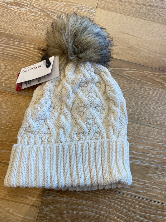 Cable Hat with Faux Fur Pom