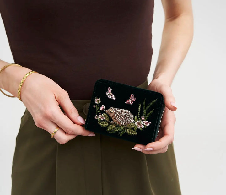 Green Hedgehog Embroidered Velvet Wallet