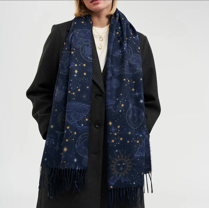 Zodiac Long Fringed Scarf in Navy