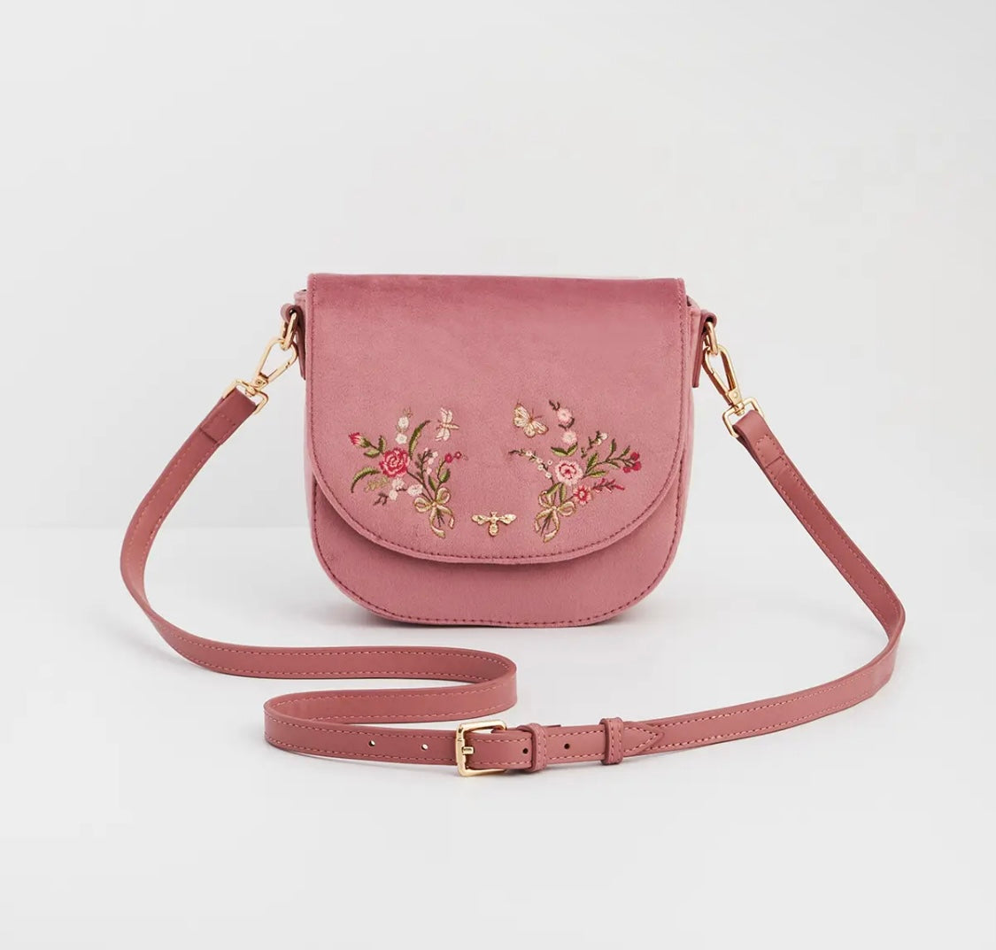 Beth Floral Posy Saddle Bag in Rose Pink Velvet