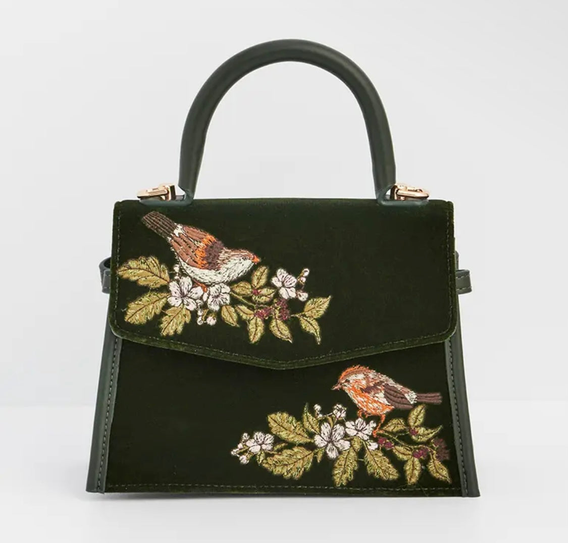 Eliza Wren Embroidered Top Handle Bag in Green Velvet