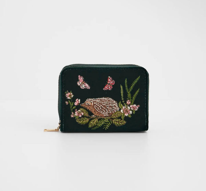 Green Hedgehog Embroidered Velvet Wallet