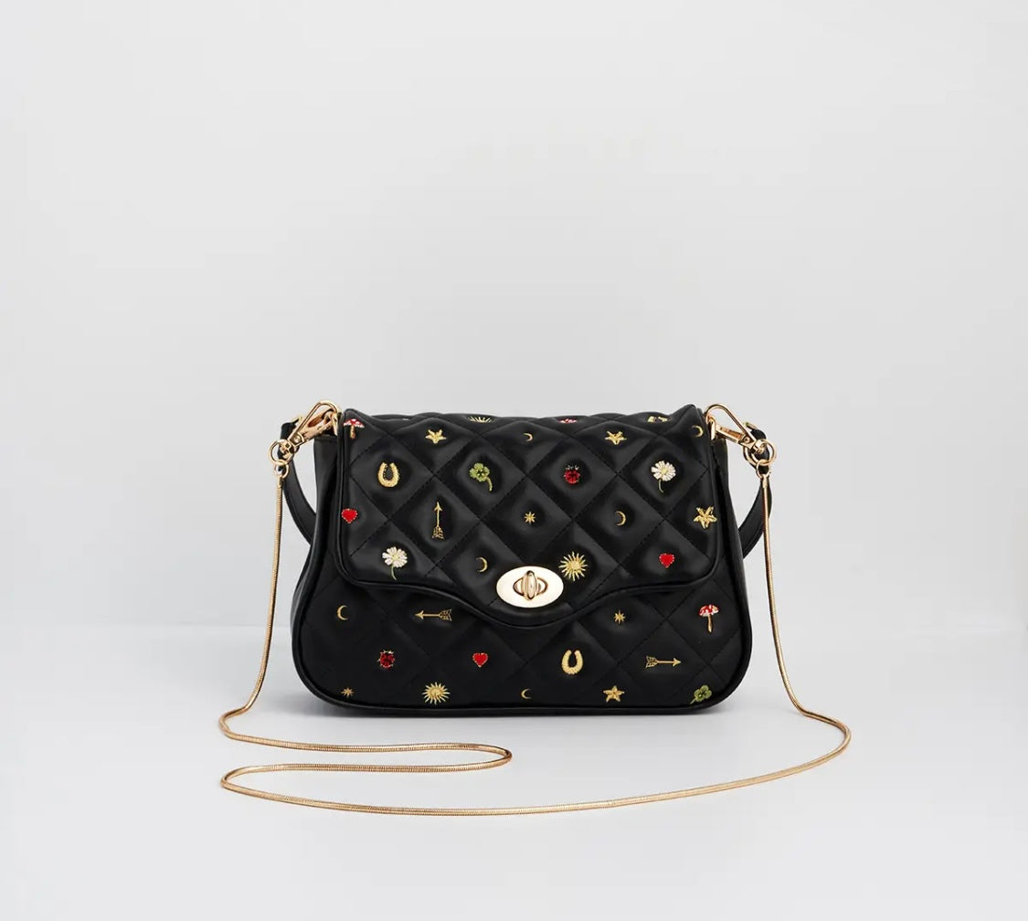 Black Quilted Mitif Embroidered Crossbody Bag