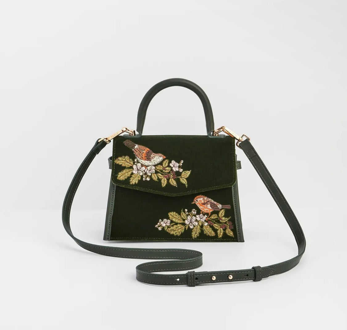 Eliza Wren Embroidered Top Handle Bag in Green Velvet