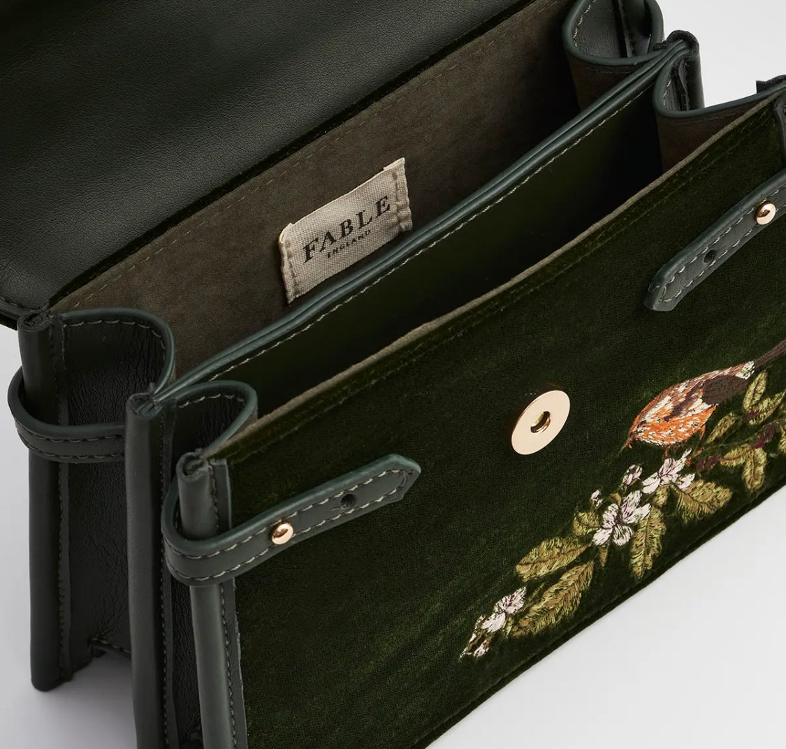 Eliza Wren Embroidered Top Handle Bag in Green Velvet