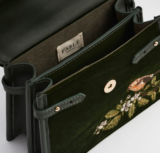 Eliza Wren Embroidered Top Handle Bag in Green Velvet