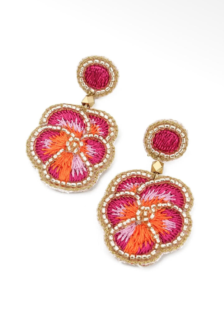 Pink Pansy Beaded Earrings