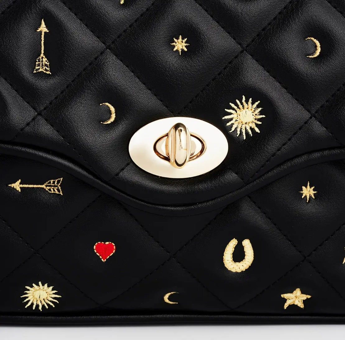 Black Quilted Mitif Embroidered Crossbody Bag