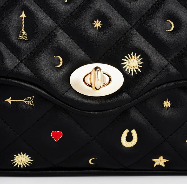 Black Quilted Mitif Embroidered Crossbody Bag