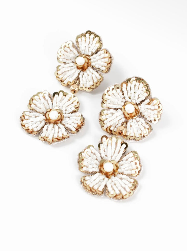 Pearl and Gold Floral Double Drop Earrings