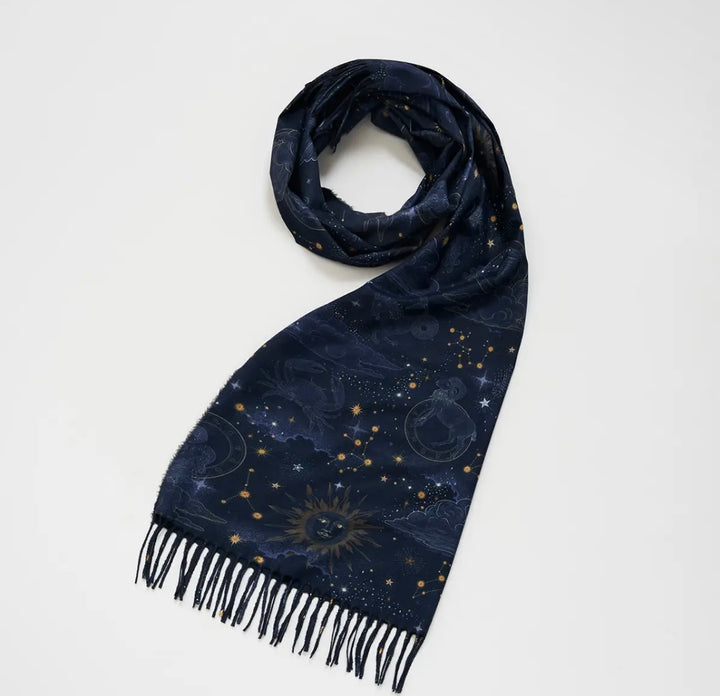 Zodiac Long Fringed Scarf in Navy
