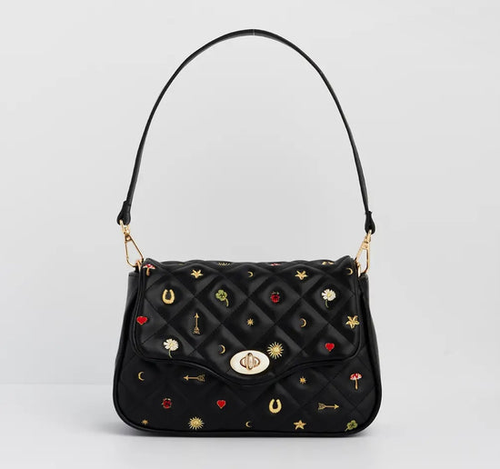 Black Quilted Mitif Embroidered Crossbody Bag