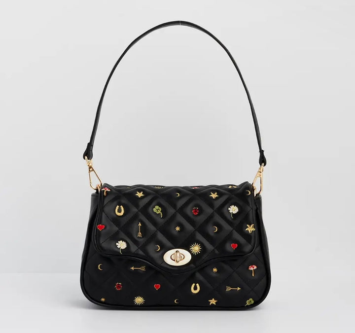 Black Quilted Mitif Embroidered Crossbody Bag