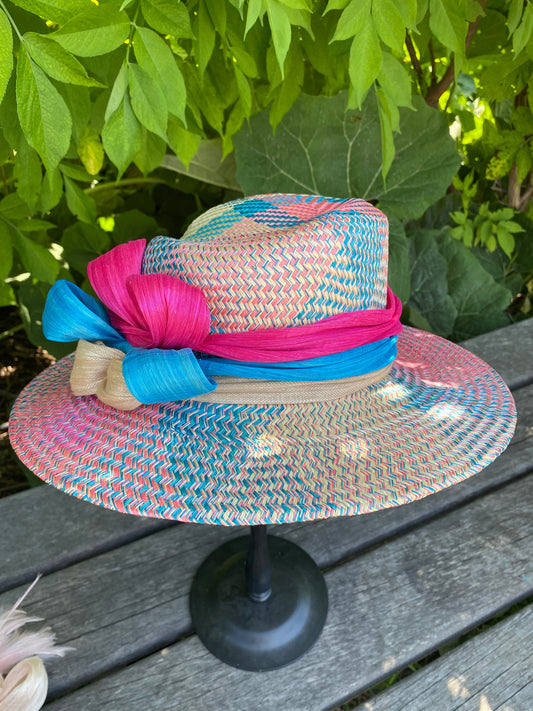Pink Blue and Cream Buntal Straw Sun Hat