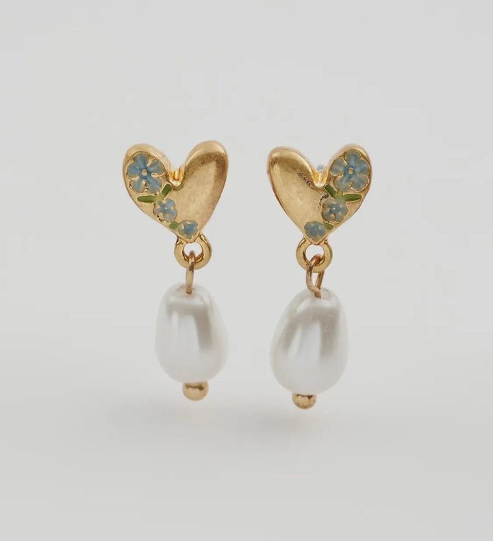 Forget-Me-Not Heart and Faux Pearls Studs