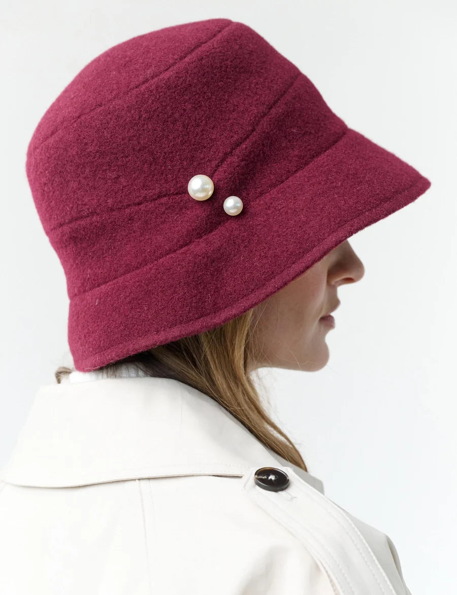 Bell-Shaped Hat in Wine with Pearls