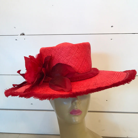 Red Panama Straw Fringe Derby Hat