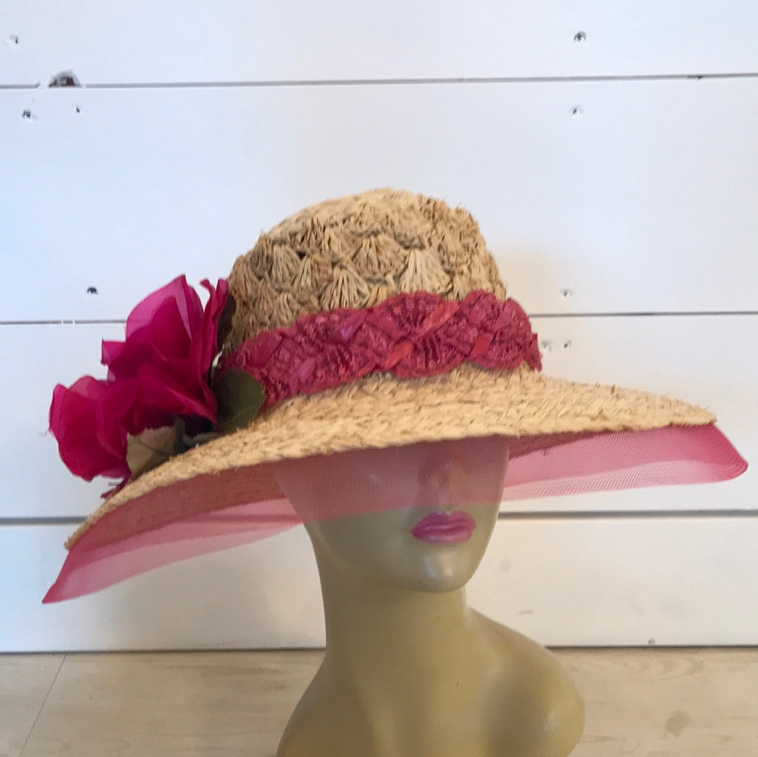 Straw Sun Hat with Vintage Flower Trim