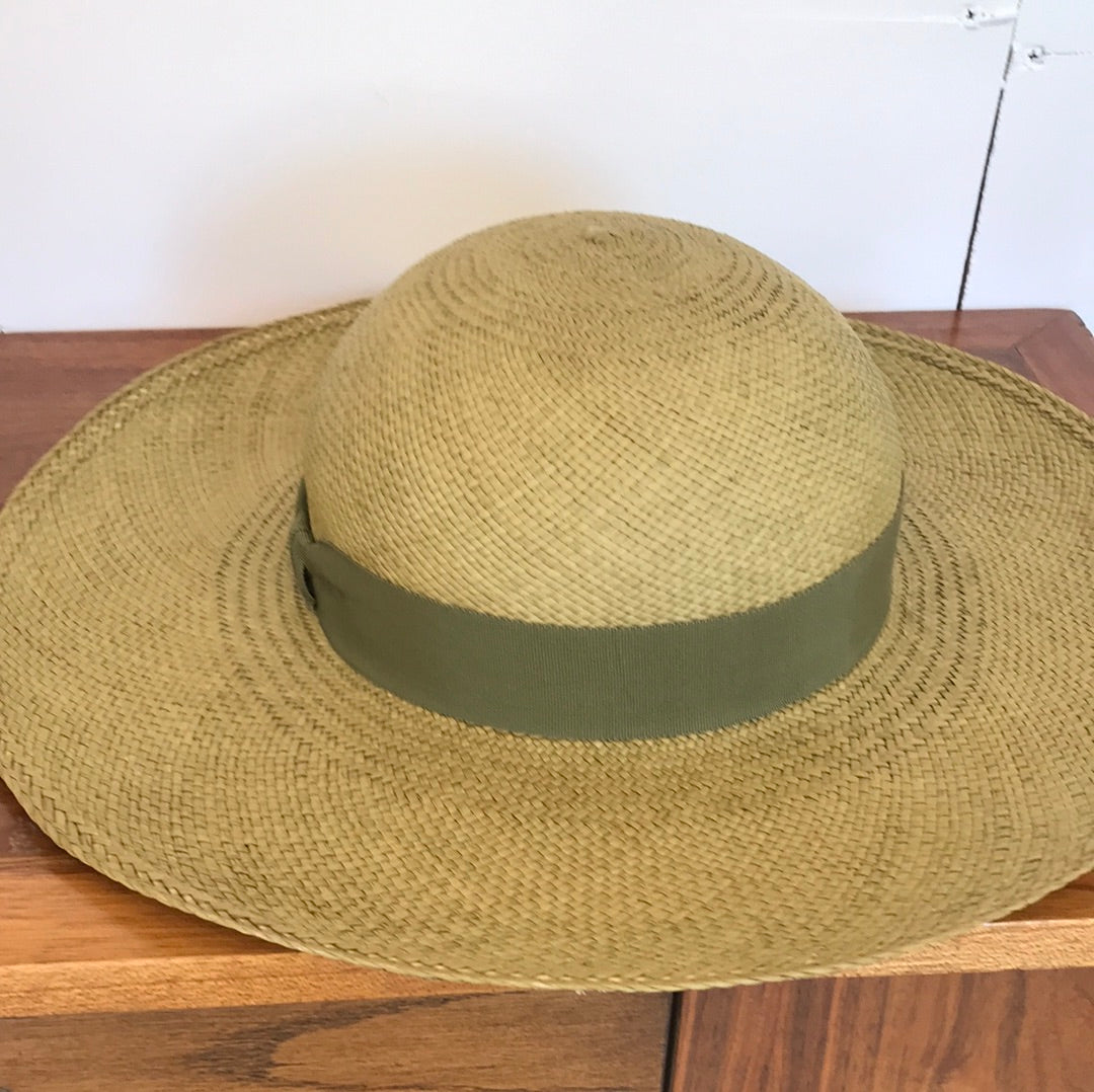 (M) Green Panama Straw Round Top Sun Hat