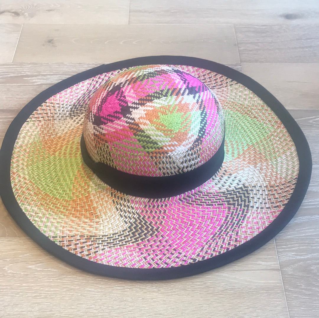 Patterned Buntal Straw Sun Hat with Black Petersham Ribbon Trim (61)