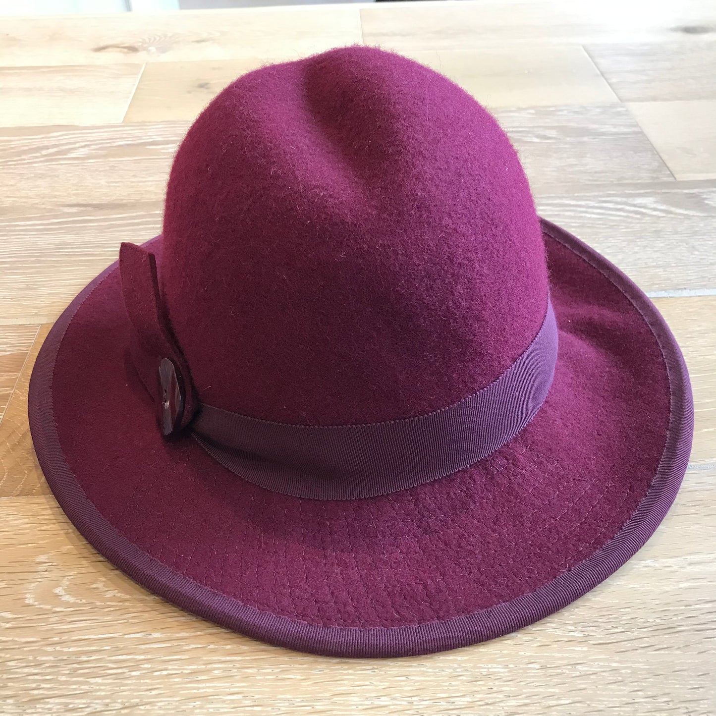 Burgundy Wool Felt Tall Dented Crown with Vintage Button (S)