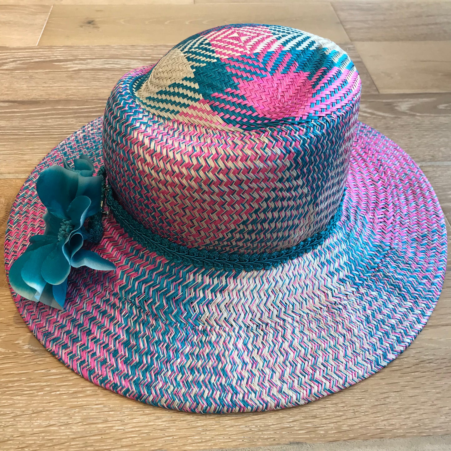 Pink + Blue + Cream Buntal Straw "Paris" Sun Hat w Silk Flower (L)
